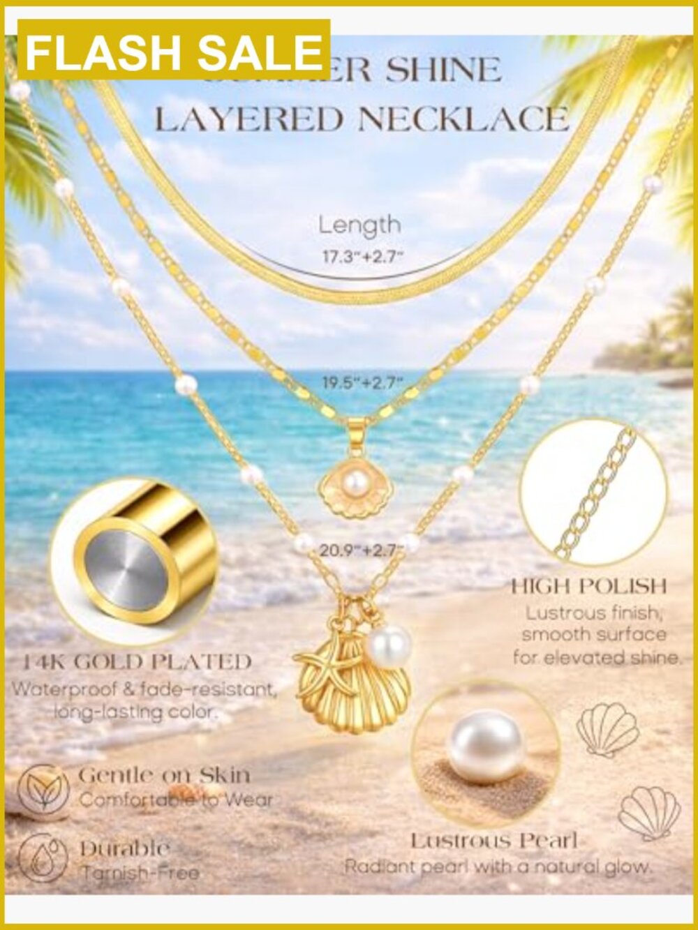 Layered Gold Seashell Necklace Set, Dainty Coastal Charm Jewelry for Women - Picture 4 of 7